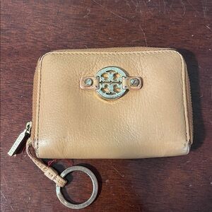 Tory Burch Beige Leather Key Holder Zipper Wallet